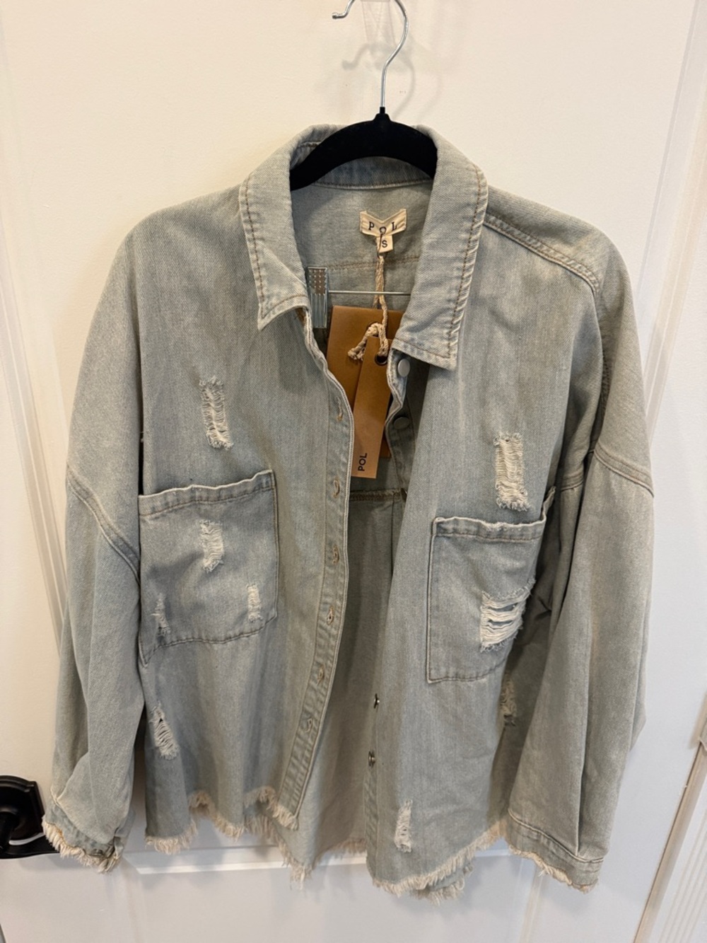 POL Light Wash Distressed Denim Shacket
